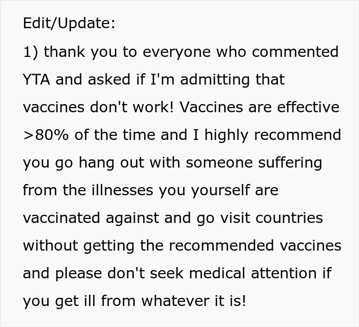 Text update discussing vaccines' effectiveness and recommending vaccination before travel to avoid illness and medical issues.