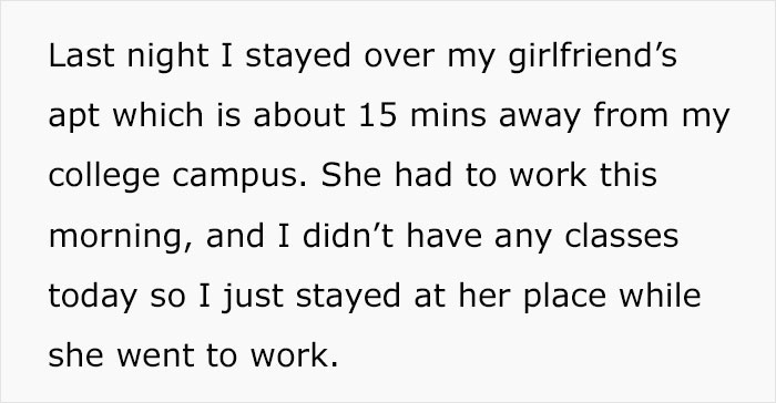 Text excerpt from a personal story about staying over at a girlfriend&rsquo;s apartment near a college campus.