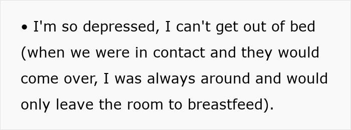 Text excerpt about depression and breastfeeding struggles amid toxic in-laws conflict involving newborn visitation issues.