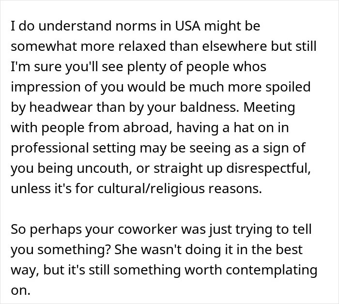Text discussing workplace norms around headwear and a coworker's possible indirect message, linked to makeup and social reactions online.