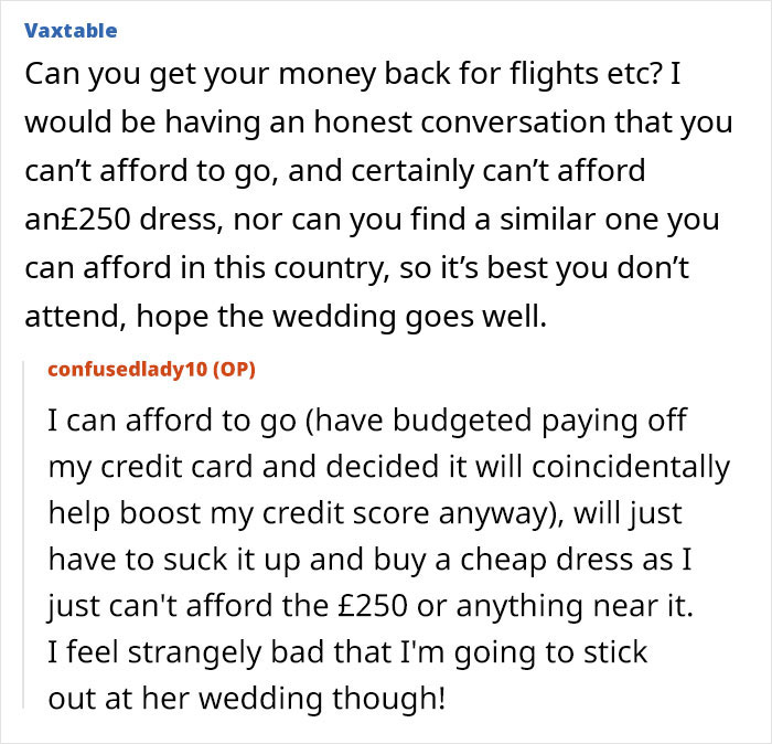 Text conversation about a woman upset over paying for her own bridesmaid&rsquo;s dress and managing wedding costs.