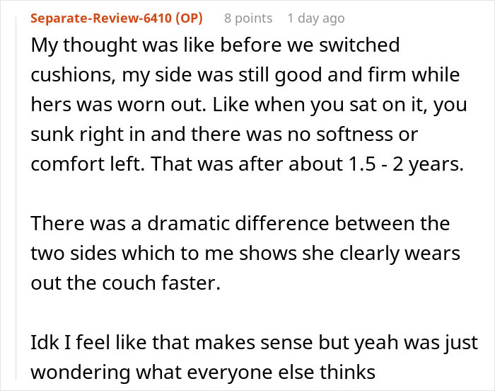 Text post discussing how a heavier roommate's side of the couch wore out faster, affecting cost sharing.