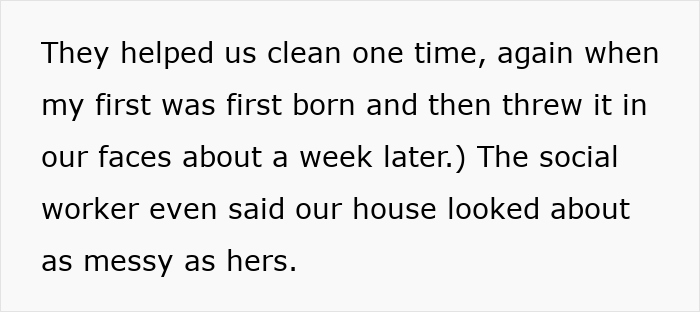 Text excerpt about couple dealing with toxic in-laws and a social worker commenting on house condition after CPS involvement.