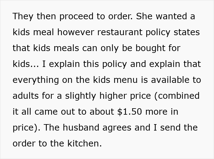 Text excerpt describing a restaurant policy on kids meals and ordering for adults with a slight price increase.