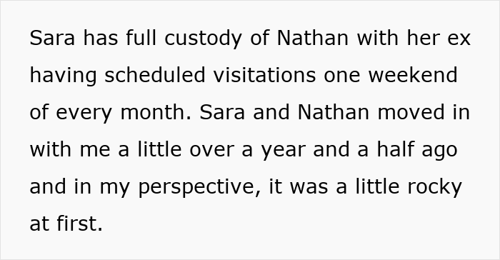 Text excerpt about Sara having full custody of Nathan, sharing a rocky experience after moving in with her and Nathan over a year ago.