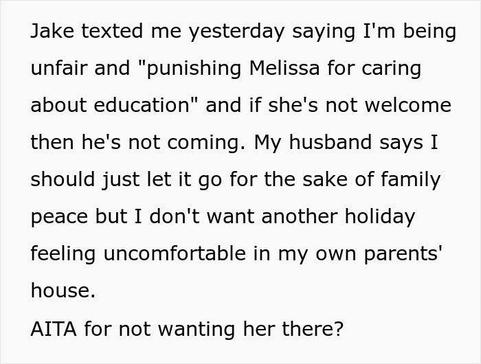 Text conversation about a man not allowing his girlfriend at Christmas after she offended his sibling on Thanksgiving. Text conversation about a man not allowing his girlfriend at Christmas after she offended his sibling on Thanksgiving.