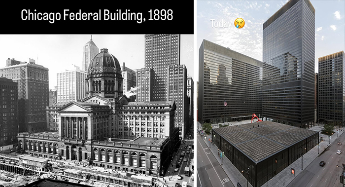 Chicago federal building transformation showing urban ghost city contrast between 1898 and modern empty skyscrapers.