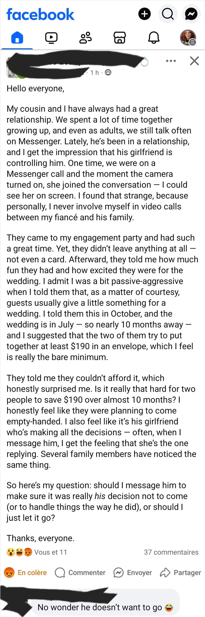 Facebook post discussing a family conflict about a wedding guest not contributing money and controlling behavior.
