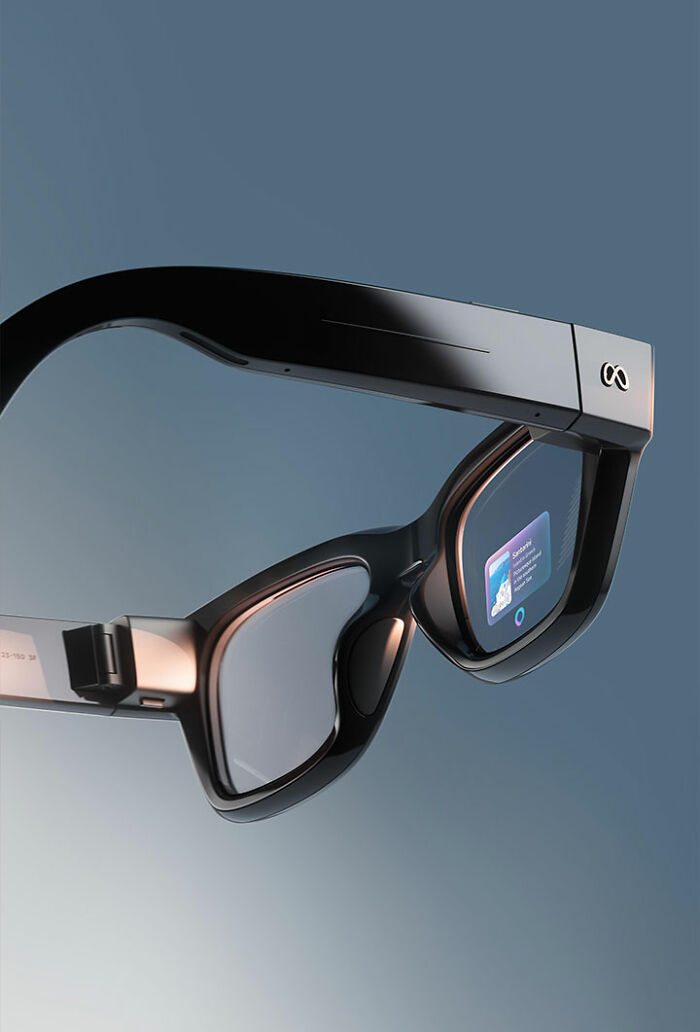 Close-up of Meta Glasses featuring built-in display technology used by woman to record vacation regrets footage.