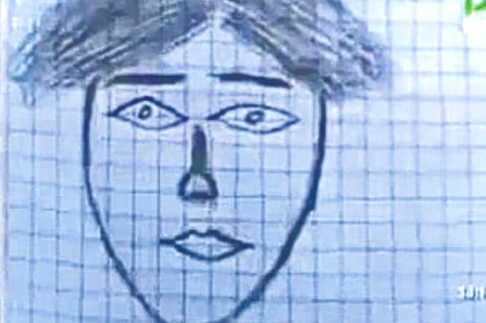 Police sketch on graph paper with exaggerated features resembling a bad caricature drawing of a face.