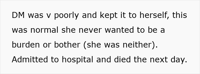 Text excerpt about a mother&rsquo;s hospital admission and passing, relevant to funeral mother partner ex husband topics.