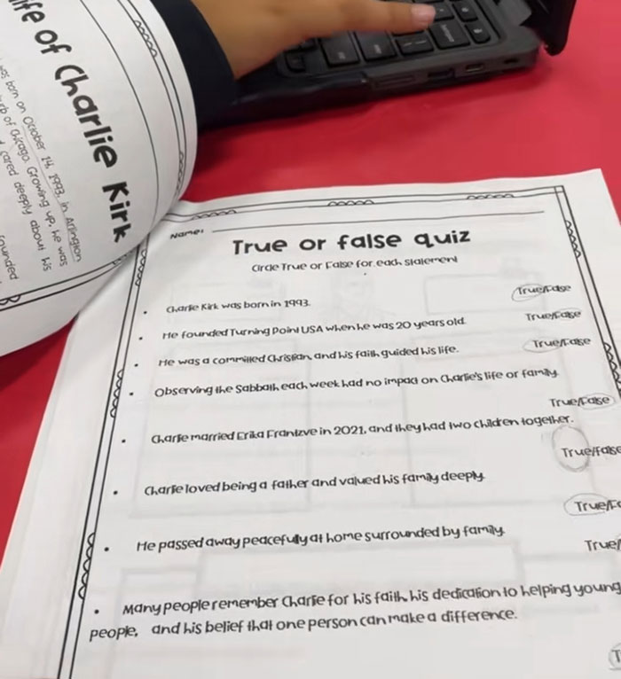 Child's homework assignment about life of Charlie Kirk with true or false quiz, sparking dad's discovery and outrage.