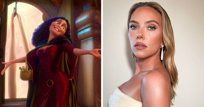 Animated Disney character with curly dark hair smiling widely next to a posed portrait of a white actress in a white dress. Animated Disney character with curly dark hair smiling widely next to a posed portrait of a white actress in a white dress.