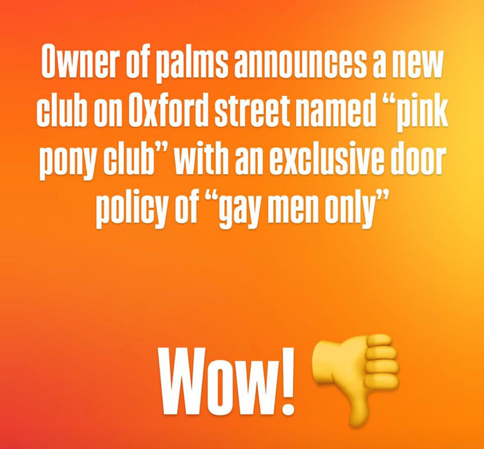Announcement of men-only gay bar with exclusive door policy sparks massive outrage and accusations of blatant misogyny.