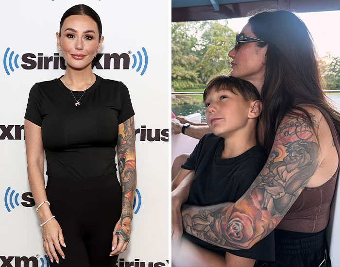 Woman and child showing detailed sleeve tattoos, highlighting celebrities with tattoos and their personal stories.