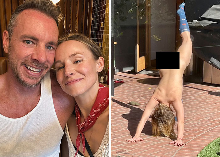 Kristen Bell and Dax Shepard smiling indoors and Kristen Bell doing a handstand outdoors in a controversial image.
