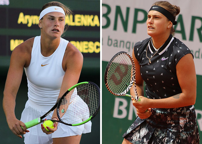 Two female tennis stars in action on court, one preparing to serve, highlighting a rivalry and media uproar over testosterone remarks.