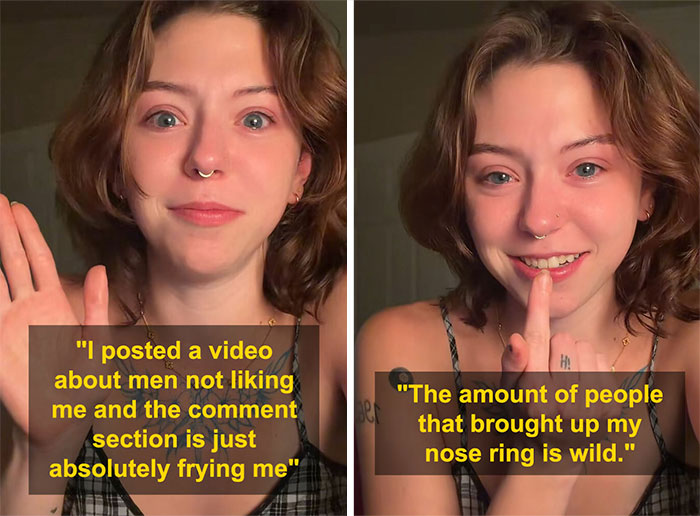 Young woman with and without nose ring, sharing her story about removing it after men said she looks like a Democrat.