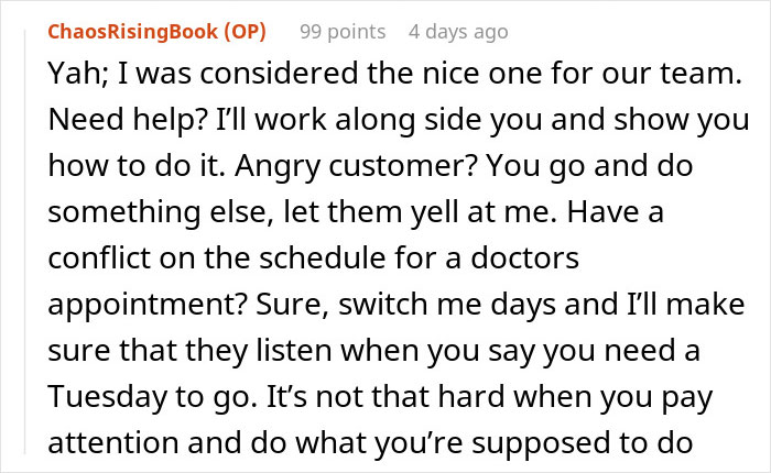 Text post from ChaosRisingBook sharing thoughts on teamwork, customer service, and schedule conflicts at work.