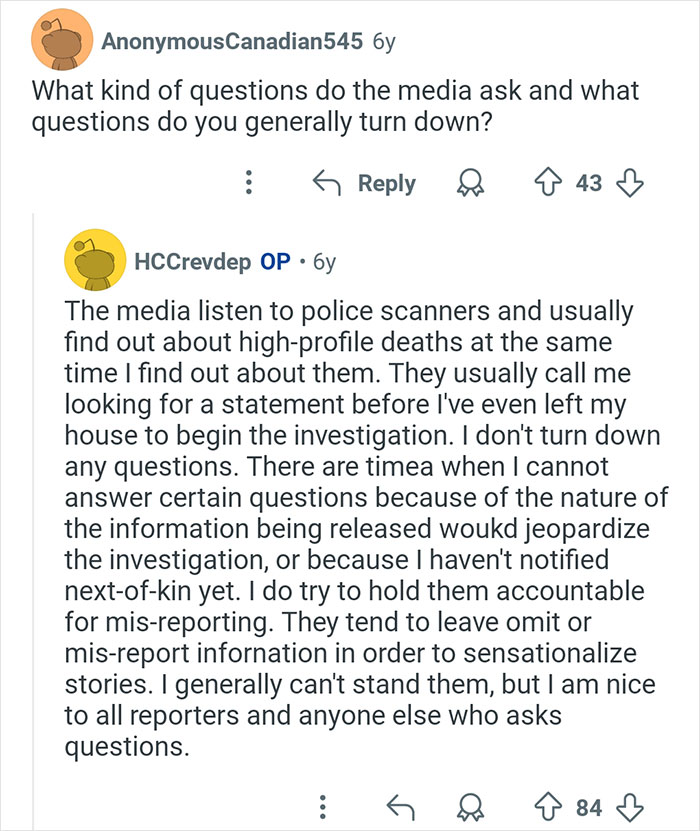 Reddit conversation about challenges coroners face with media questions and misreporting in interesting coroner stories.