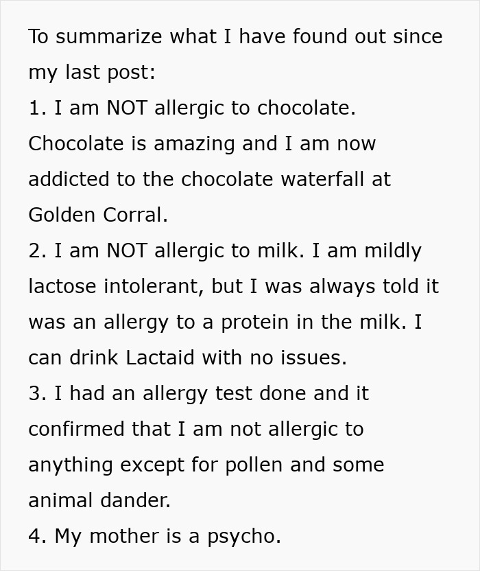 Text outlining a person&rsquo;s discovery that their parents lied about food allergies, leading to no contact with daughter.