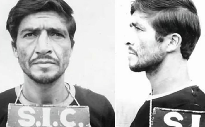 Mugshot of a man labeled as a monster who strangled over 100 young girls, now free and location unknown.
