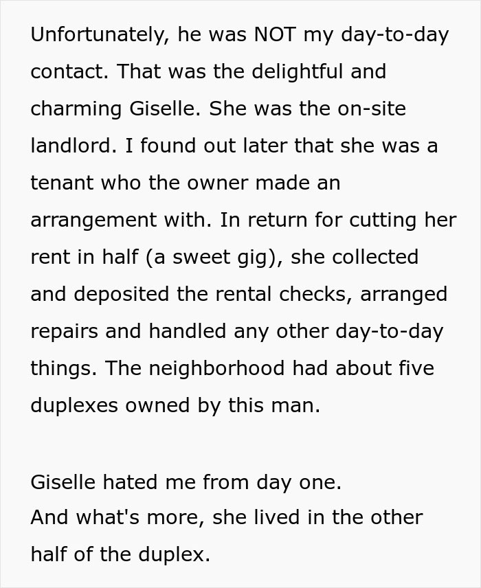 Text excerpt describing an on-site landlord tenant arrangement where the landlord acts awful and rent gets doubled.