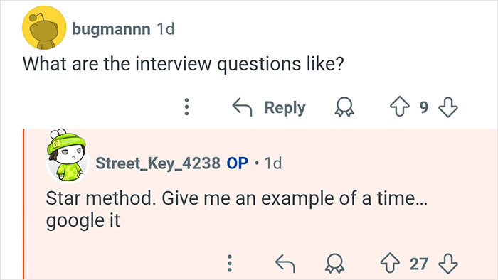 Reddit thread showing a user asking about interview questions with a reply mentioning the STAR method.