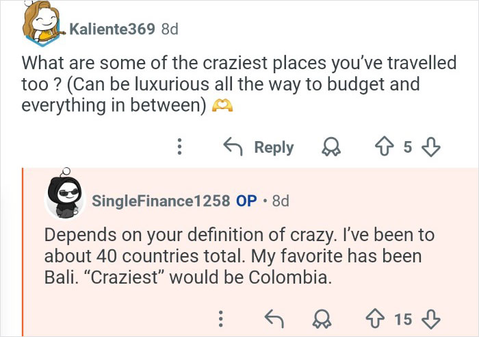 Screenshot of a social media conversation showing a person who won $7M in the lottery discussing travel experiences.