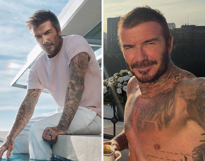 David Beckham showing extensive tattoos on arms and chest in casual and shirtless outdoor settings, showcasing celebrity tattoos.
