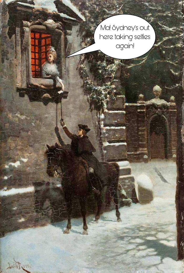 Classical painting of a man on horseback ringing a bell at a window with a humorous meme caption.