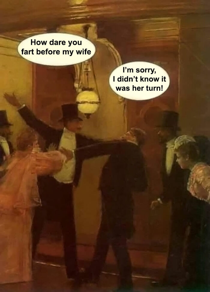 Classical painting scene humorously captioned with dialogue about farting, blending classical paintings and funny memes.