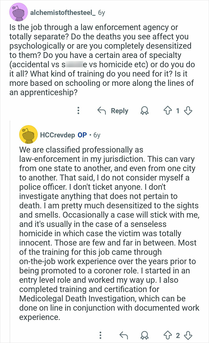 Reddit conversation about coroner job training, psychological impact, and medicolegal death investigation experience.