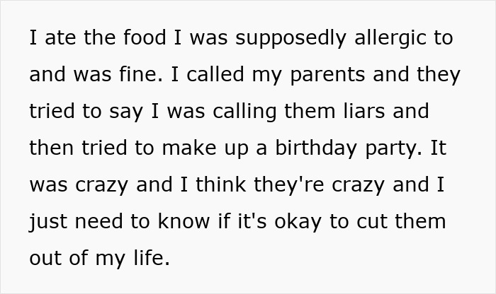 Text message describing confusion and hurt after parents lied about food allergies, causing no contact with daughter.