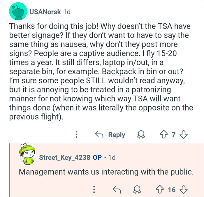 Former TSA worker answers common questions about TSA procedures and passenger interactions during airport security.