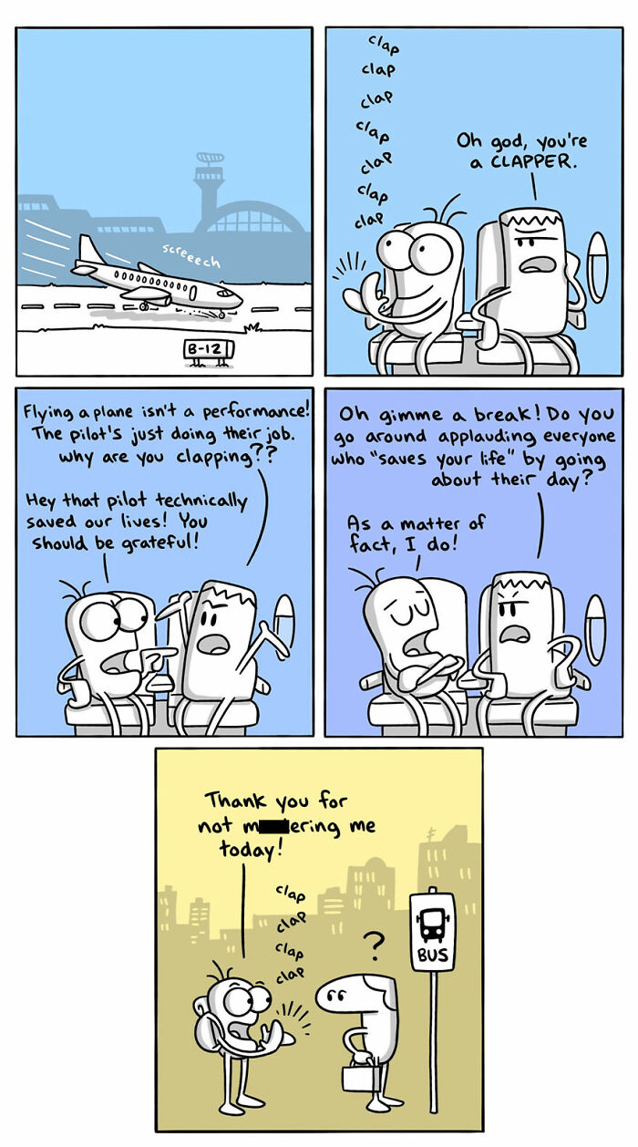 Comic illustrating cultural differences in clapping at airports and public transport, humorously highlighting language and country contrasts.