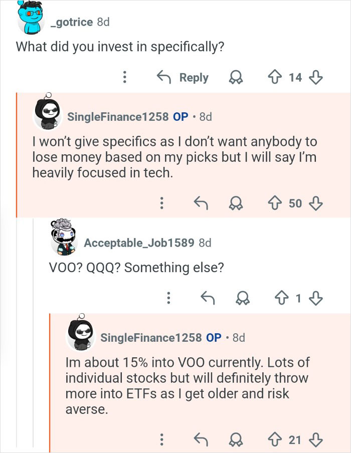 Reddit conversation showing a person who won $7M in the lottery discussing their investment focus in tech stocks and ETFs.