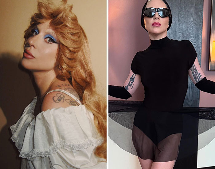 Two celebrities with visible tattoos, one wearing a white off-shoulder top and the other in a black outfit and sunglasses.