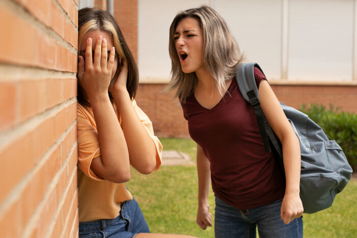 Two teenage girls outside school, one angrily yelling and the other covering her face, showing popular kids turning into outcasts.