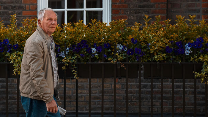 Elderly man walking past a flower-lined fence, reflecting the theme of highly disturbing things later realized as creepy.