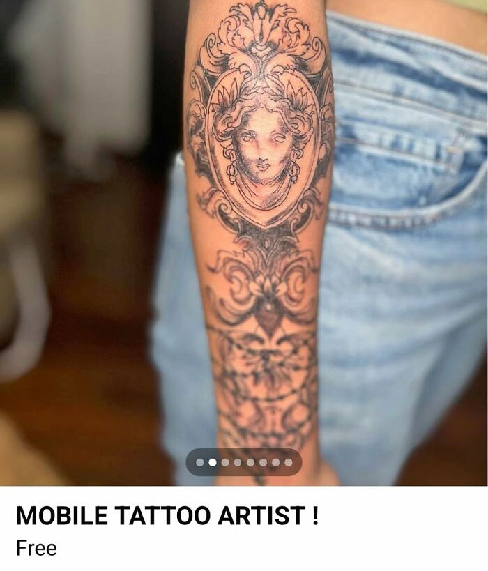 Intricate tattoo of a classical face and ornamental design on forearm showcasing unique body tattoos.