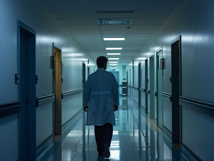 Person in a white coat walking alone in a dimly lit hospital corridor, evoking scary ghost stories hospital work atmosphere.