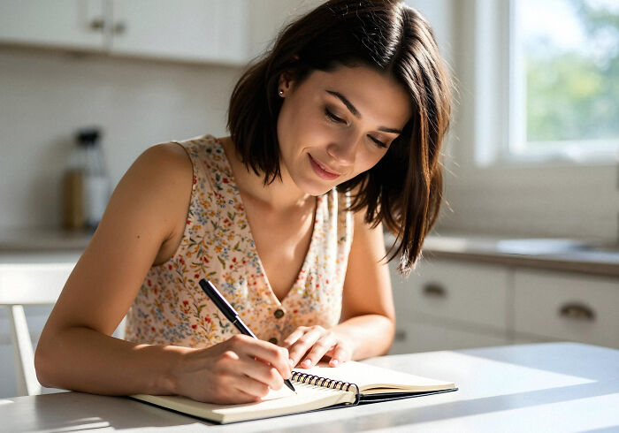 Young woman writing in a notebook at a kitchen table, illustrating women confessing unhinged stalking stories.