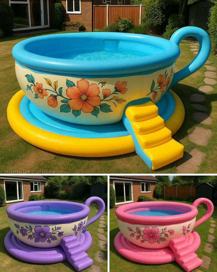 Inflatable teacup pools in various colors with floral designs, showcasing some of the weirdest purchases.