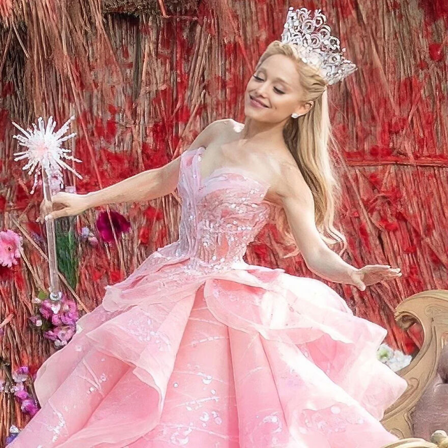 Ariana Grande dressed as a princess in a pink gown and crown, holding a wand, capturing a magical before and after look.