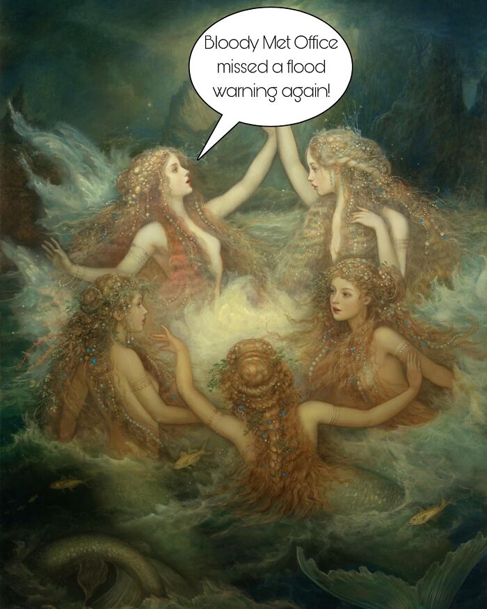 Classical painting of five mermaids in water with a humorous meme caption about a missed flood warning.