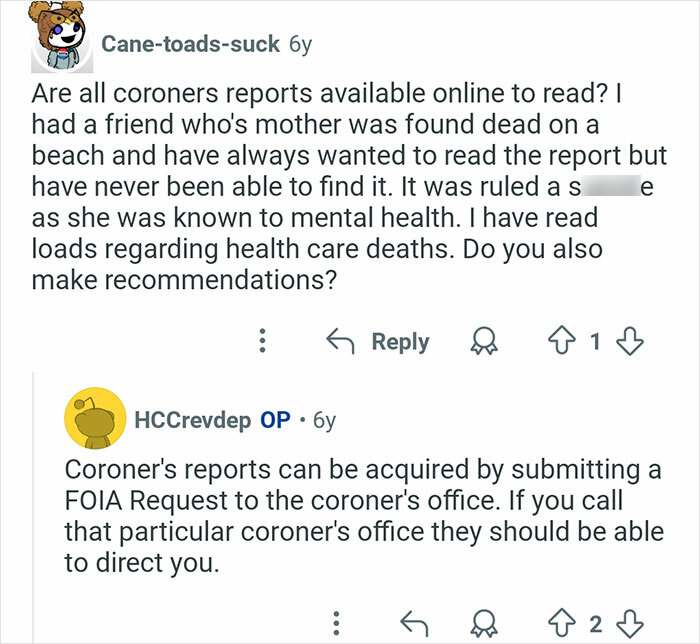 Screenshot of an online discussion about accessing coroner reports and FOIA requests for coroner stories.