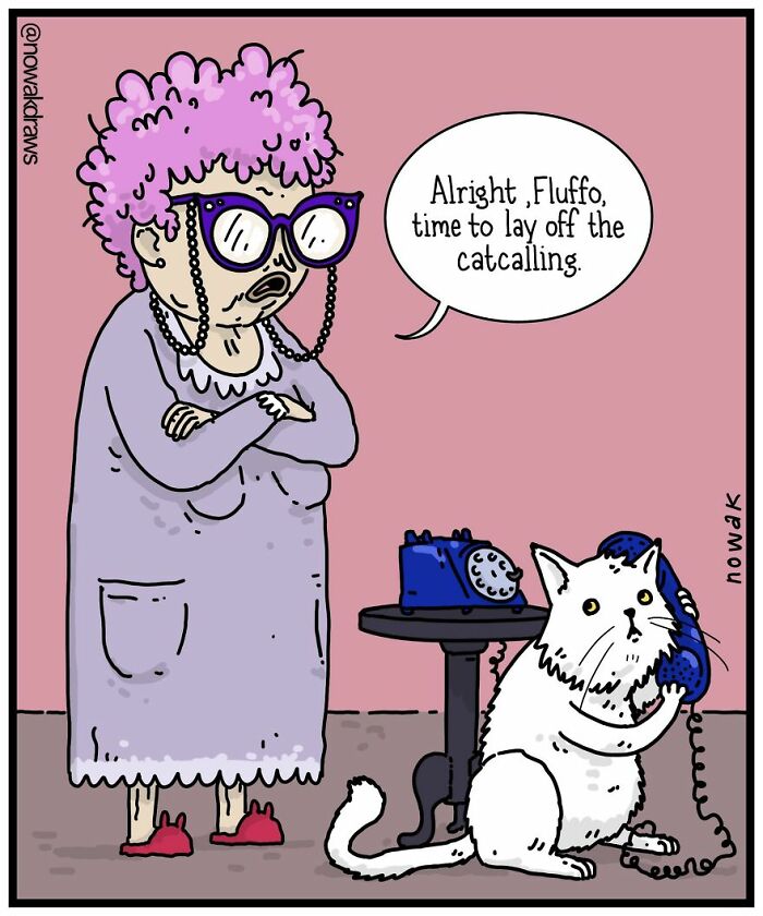 Humorous one-panel comic shows a woman telling a cat to stop catcalling while it holds a telephone receiver.