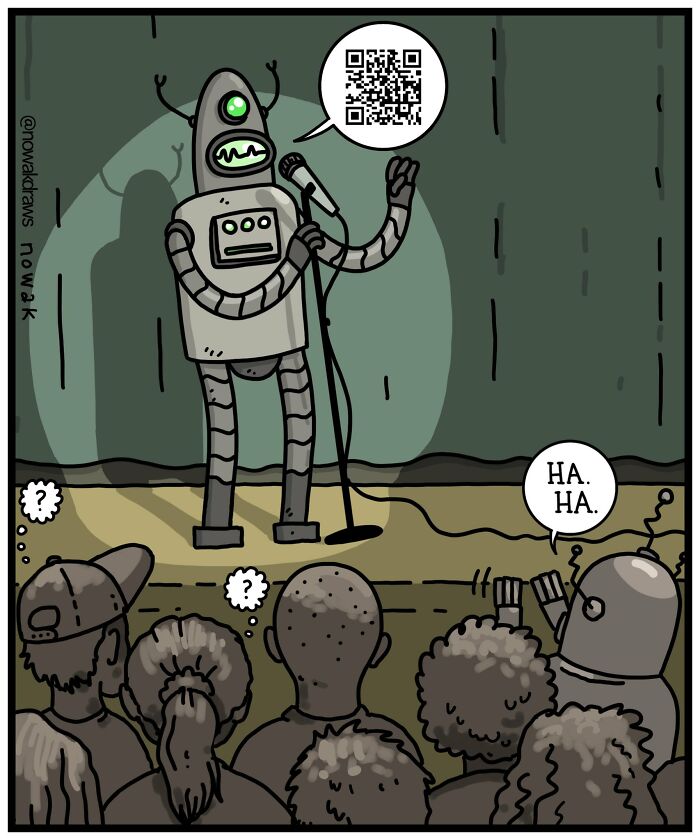 Robot performs stand-up comedy on stage with confused audience in a humorous one-panel comic by Joseph Nowak.