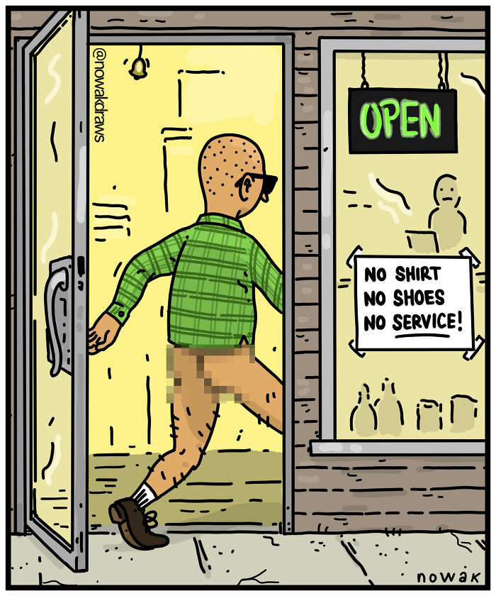 Man wearing a green plaid shirt enters a store without pants in a humorous one-panel comic by Joseph Nowak.